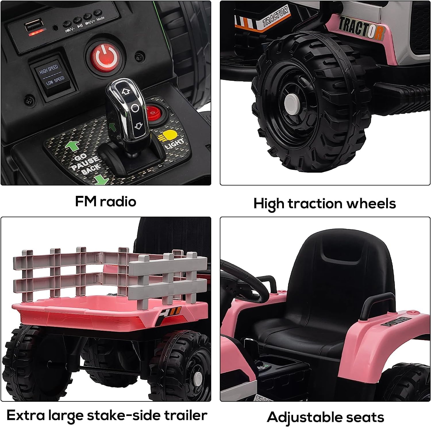 Track 7 12V Ride on Tractor with Trailer, Kids Electric Car with Remote Control, Bluetooth, MP3, LED Lights, 3-Gear-Shift Ground Loader, Ride on Car for Boys Girls, Pink