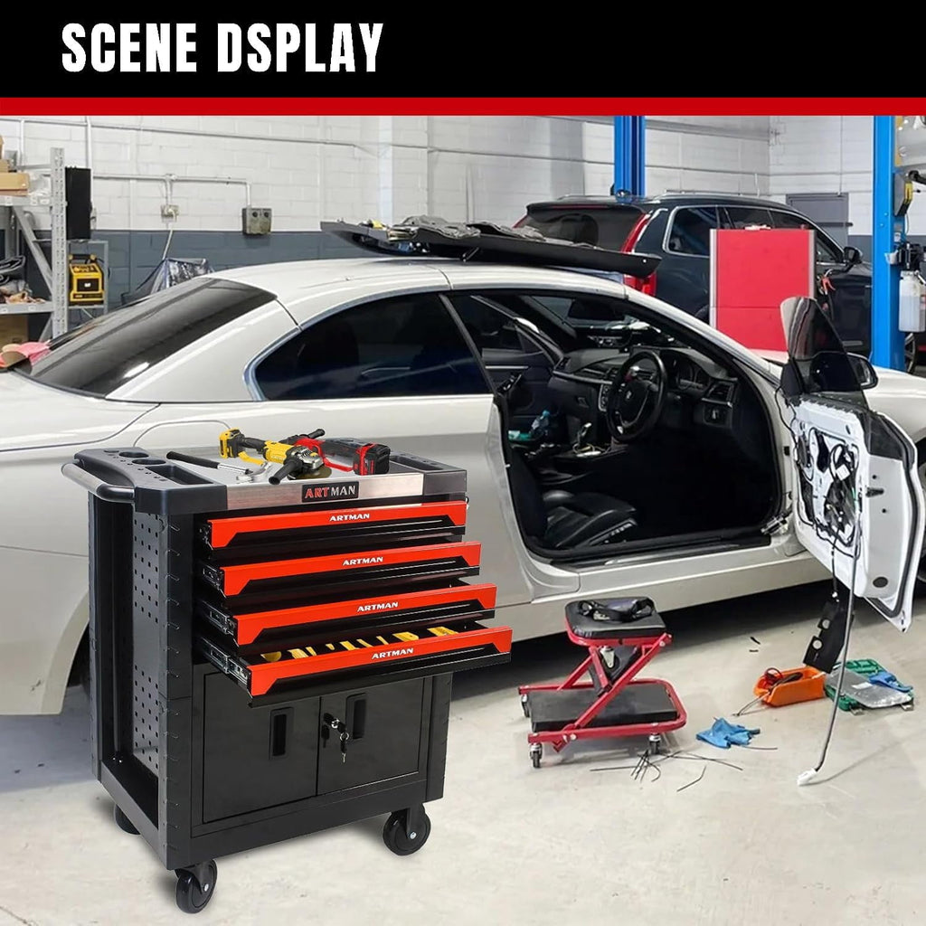 COOKCOK Tool Chest, 4-Drawer Rolling Tool Storage Cabinet, Tool Box Organizer w/Locking System & Lockable Wheels & Removable Drawers, Black