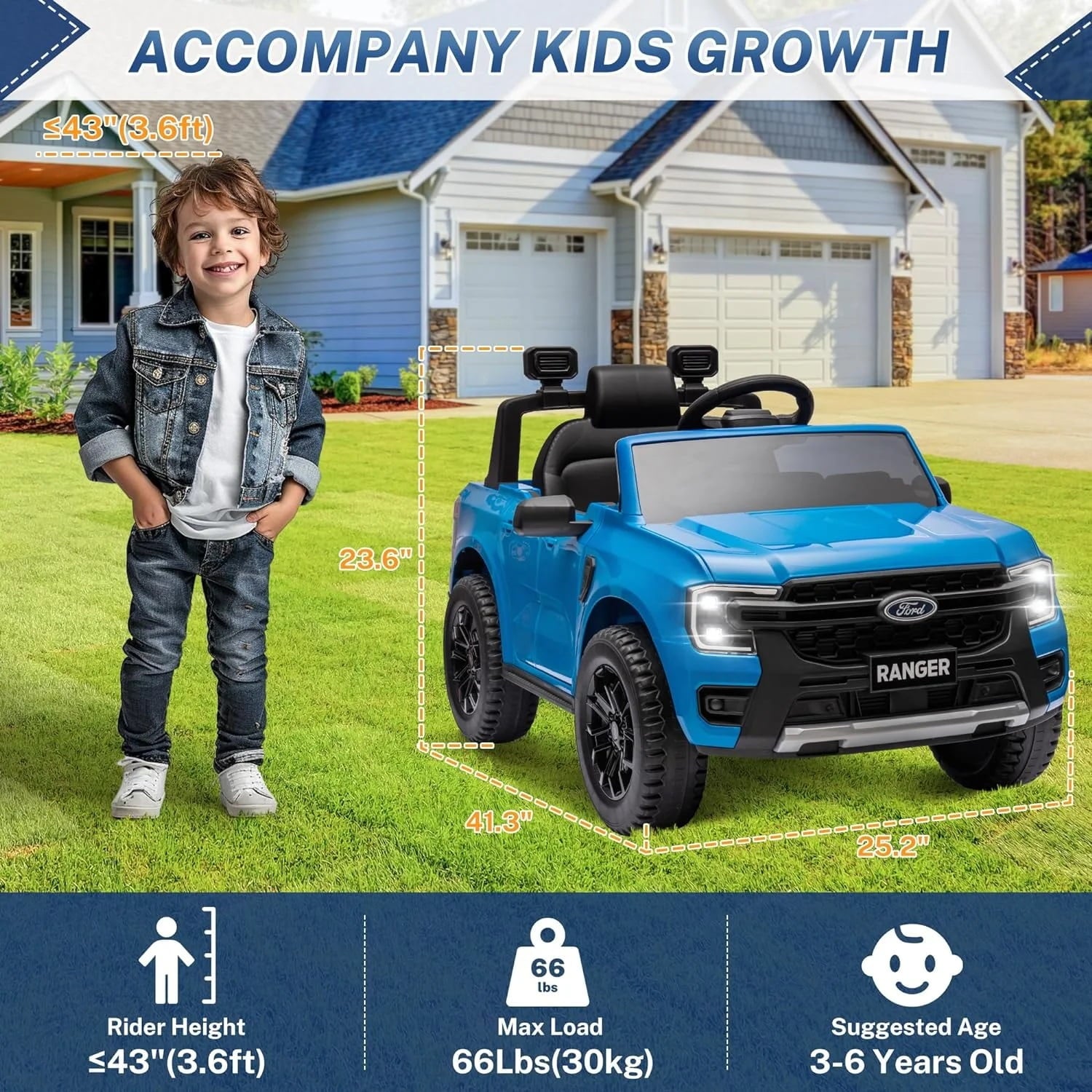 Track 7 12V Kids Ride on Car, Licensed Ford Ranger Electric Car with Remote Control, Music Player, LED Lights, Bluetooth, 12V Ride on Truck Car for Boys Girls Age 3+, Blue