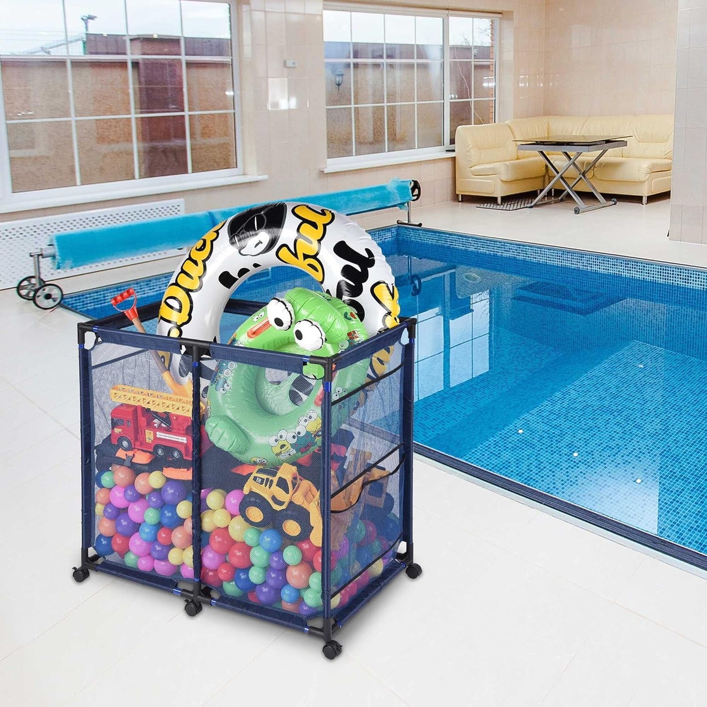 COOKCOK Pool Storage Bin Cart, Rolling Pool Storage Mesh Basket Organizer, Large Capacity Swim Accessories Holder for Pool Balls, Noodles, Floats, Beach Towels, 36" L x24 W x 35"H, Blue