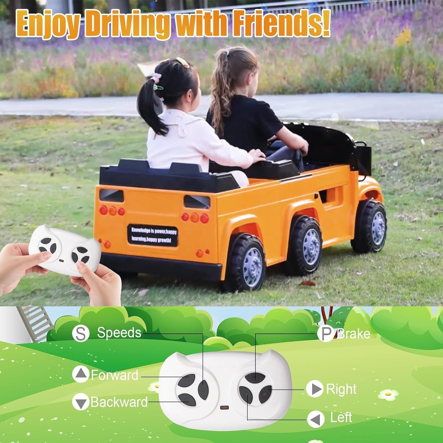 Track 7 12V 2-Seater Ride on Car, 6 Wheels School Bus for Kids with Remote Control, Walkie-Talkies, Microphone, LED Lights, Electric Truck Car for Boys Girls Age 3+, Orange