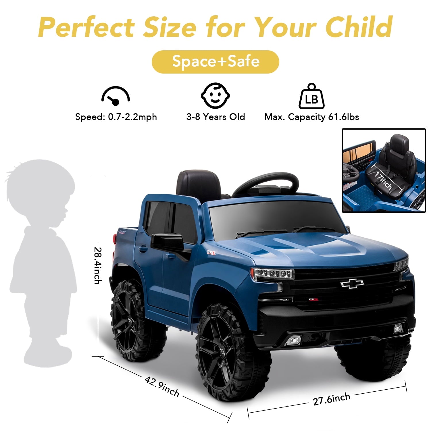 Track 7 Kids Ride on Car, 12V Chevrolet Silverado Electric Car for Boys Girls, Ride on Truck with Remote Control, Music, Age 3+, Blue