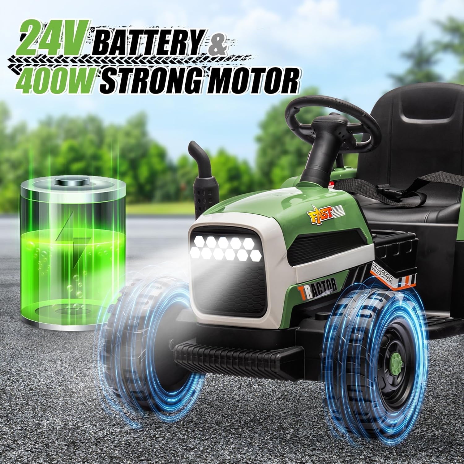 Track 7 24V Ride on Tractor with Trailer, 400W Motor, 6-Wheels Ride on Car with Remote Control, Music, Lights, 24V Electric Tractor Max Speed 4.9 mph, Green