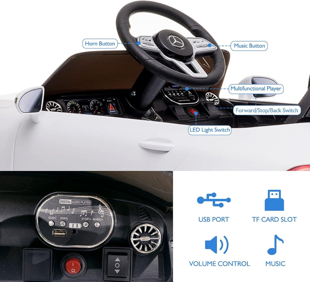 Track 7 12V Ride on Car, Licensed Mercedes-Benz CLS 350 Electric Car for Kids, Ride on Car with Remote Control, Music, Power Display, LED Lights, MP3, Kids Car for Age 3+, White