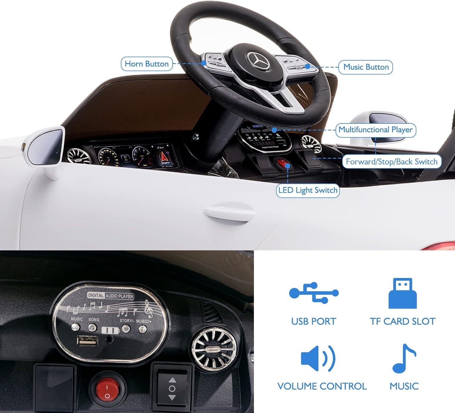 Track 7 12V Ride on Car, Licensed Mercedes-Benz CLS 350 Electric Car for Kids, Ride on Car with Remote Control, Music, Power Display, LED Lights, MP3, Kids Car for Age 3+, White