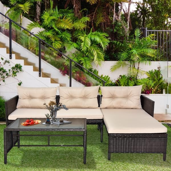 COOKCOK 3 Piece Patio Furniture Set, Outdoor PE Wicker Sectional Conversation Sofa Chair with Coffee Table & Khaki Cushion, Rattan Couch Sofa with Coffee Table, Beige