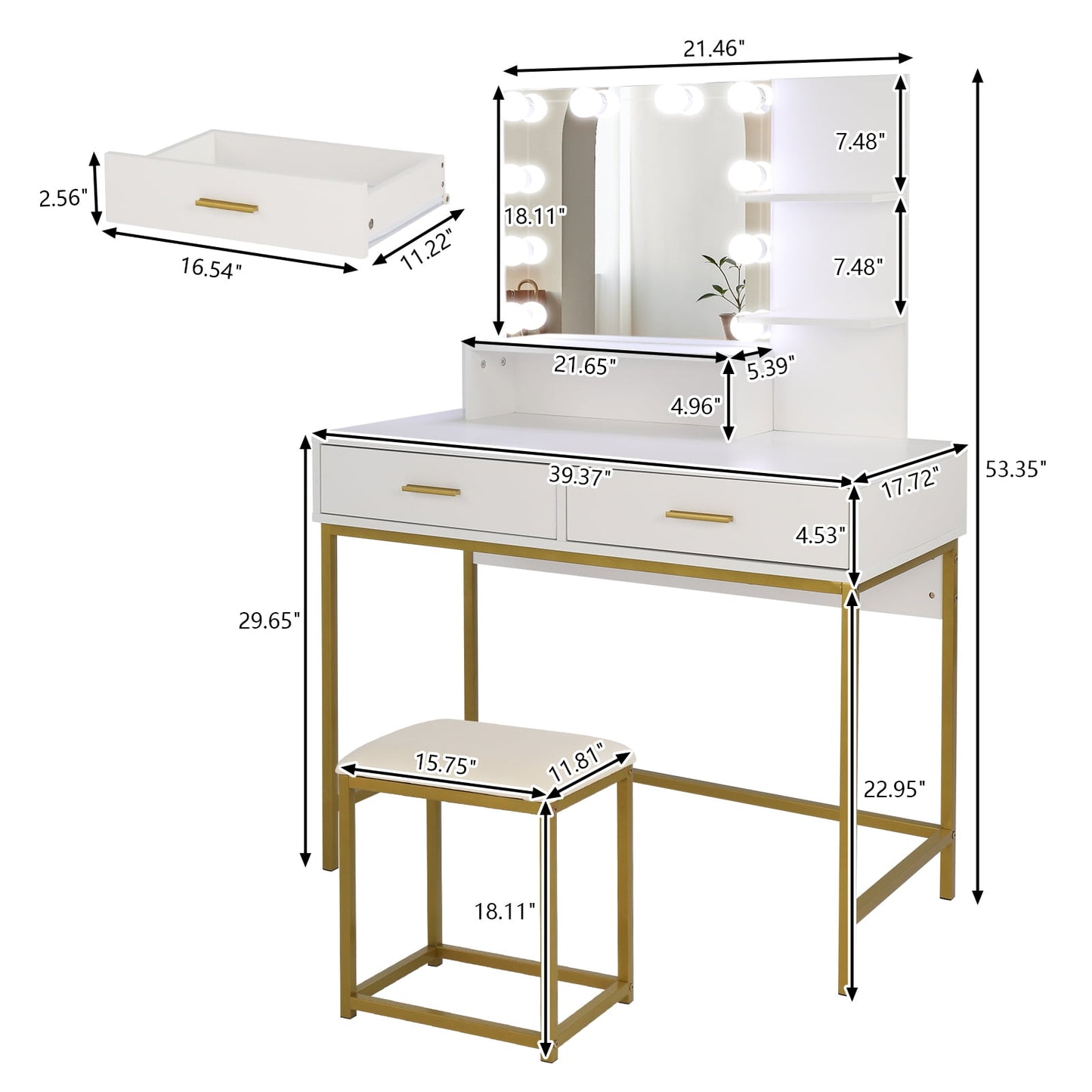 COOKCOK Vanity Desk with Lights, Makeup Table with Cushioned Stool, 3 Storage Shelves 2 Drawers, Dressing Table Dresser Desk for Women, Girls, Bedroom, White