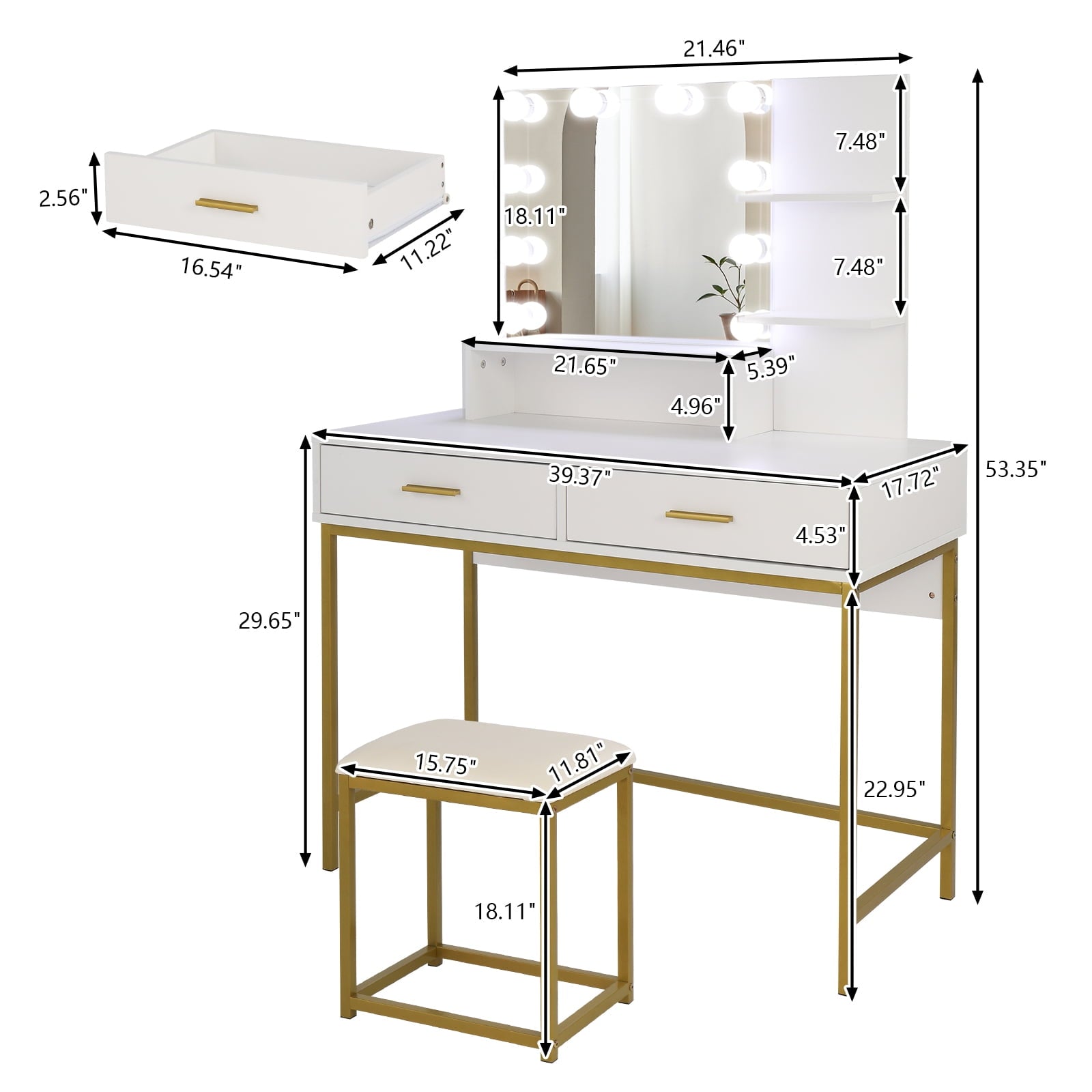 COOKCOK Vanity Desk with Lights, Makeup Table with Cushioned Stool, 3 Storage Shelves 2 Drawers, Dressing Table Dresser Desk for Women, Girls, Bedroom, White