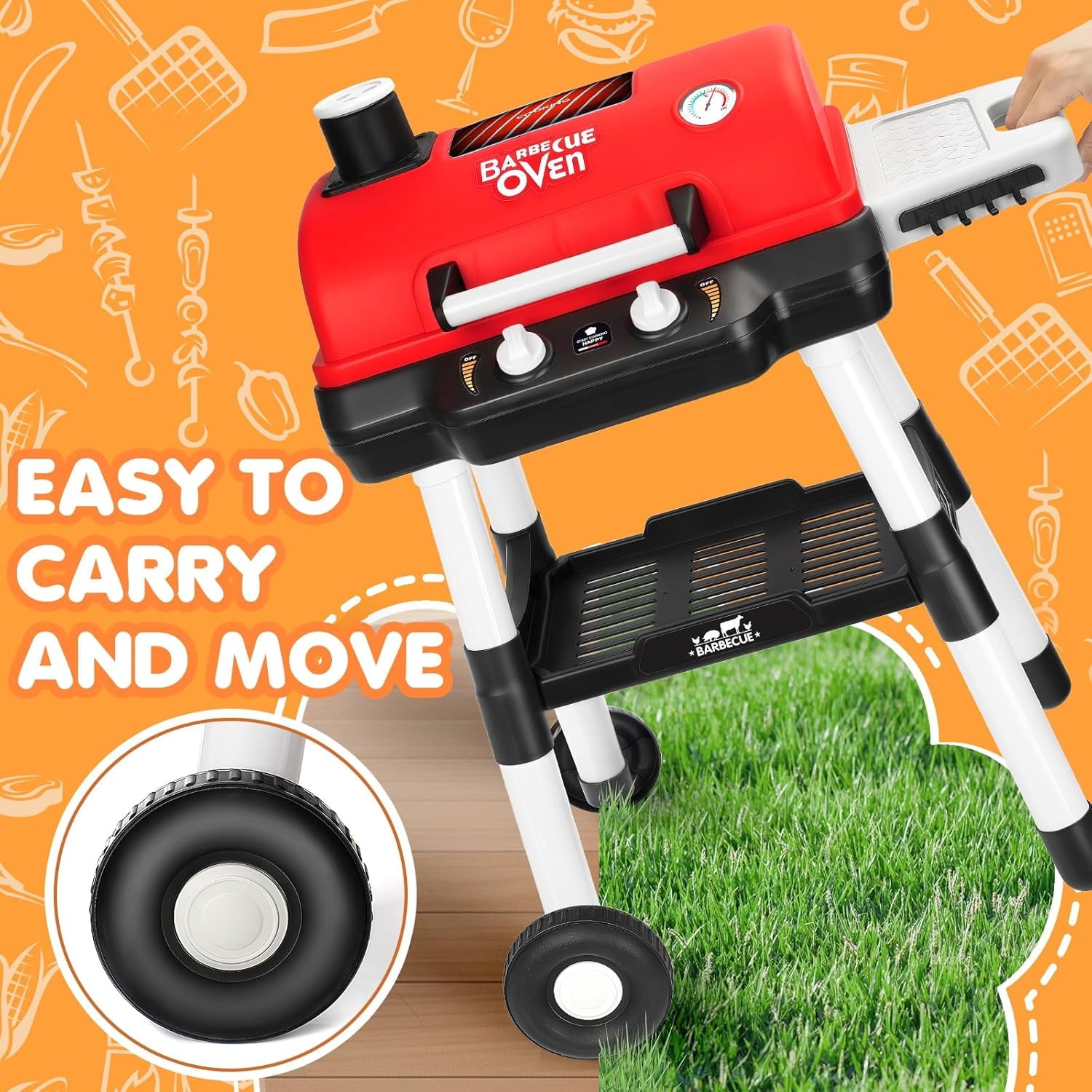 Track Seven Kids Play Kitchen Toys, Kids BBQ Grill Playset with Smoke Sound Light, 2-Layer Barbecue Toy with Wheels, Outdoor Play Food Toys Cooking Set for Toddlers 3-5, Birthday for Boys Girls