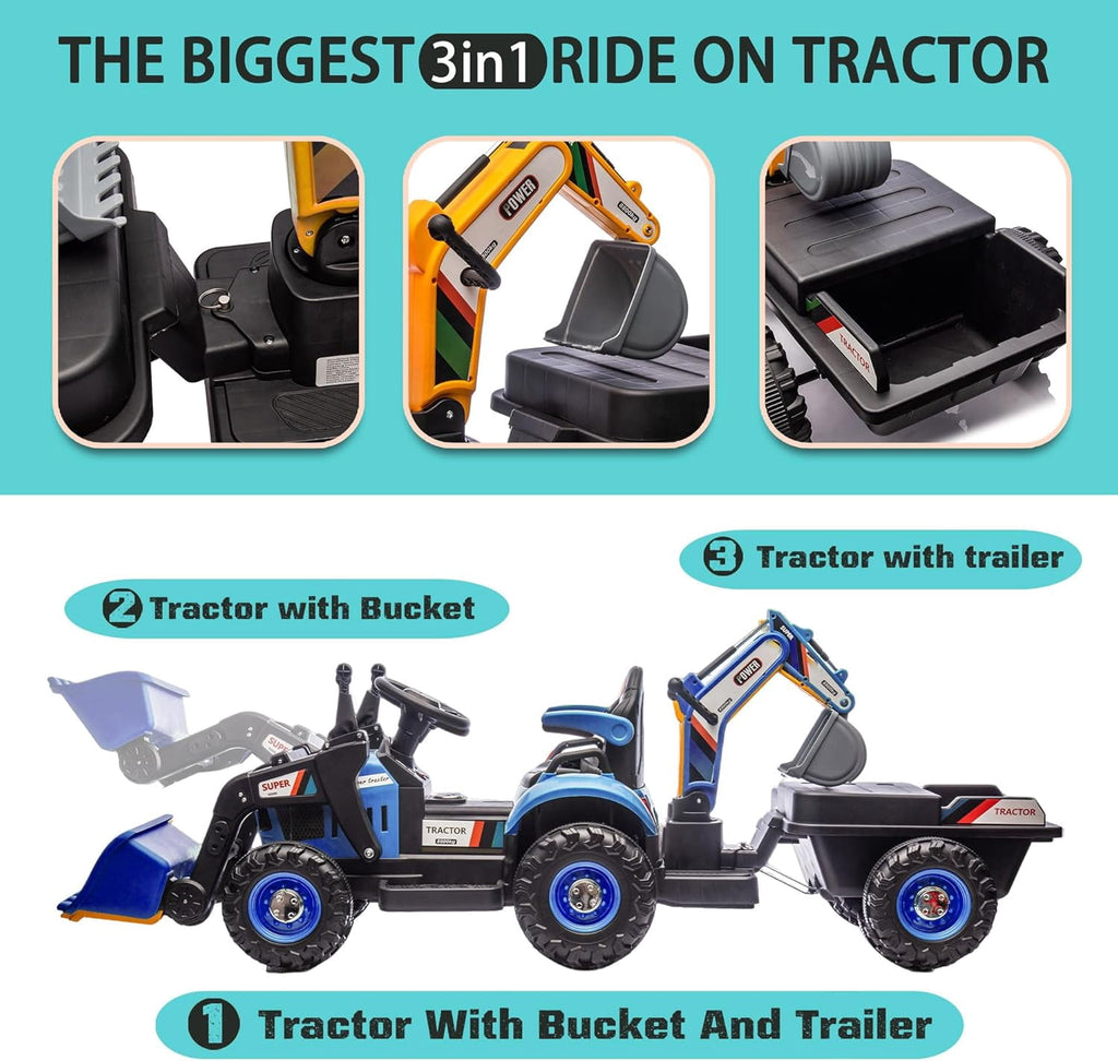 Track Seven 24V Ride on Excavator, 4-in-1 Construction Excavator, Dump Truck & Bulldozer, Ride on Tractor Electric Car with Remote Control, Swivel Seat, Music, Ride on Toy Car for Kids Aged 3+