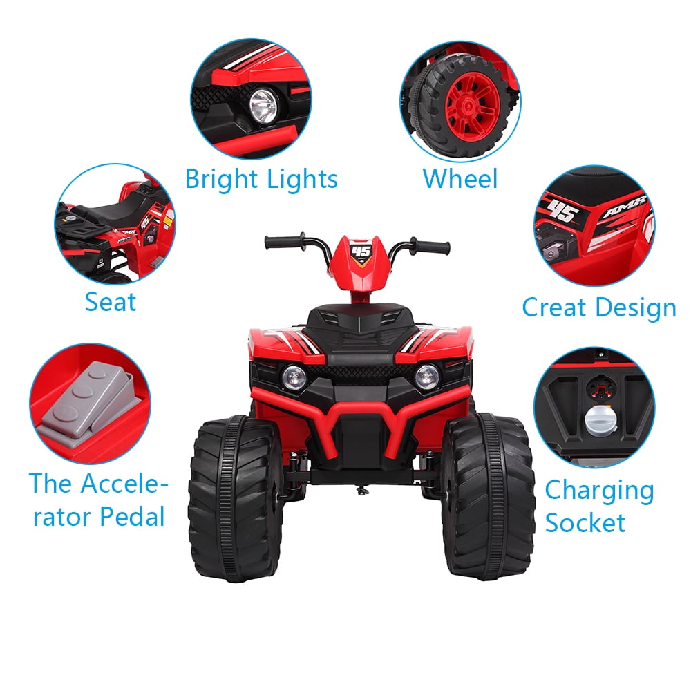 Track 7 12V All Terrain Vehicle, Dual Drive, 2 speed adjustable, with MP3 player, radio, USB port, Slow Start, Black & Red