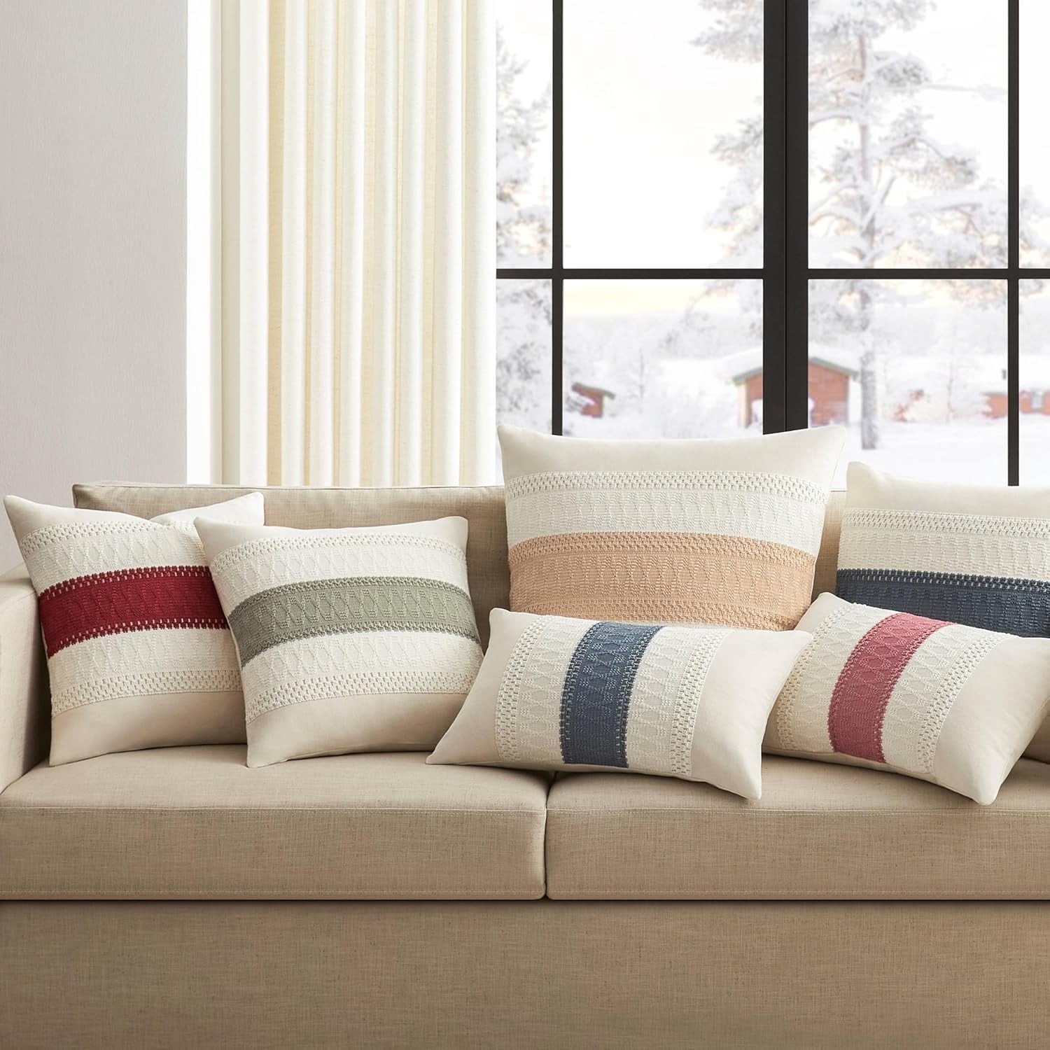 COOKCOK 2 Packs Cotton Boho Christmas Pillow Covers 18x18 Inch Contrast Beige, Soft Farmhouse Decorative Couch Pillow Cases Beige Cushion Covers for Sofa Bed Living Room Home Decor