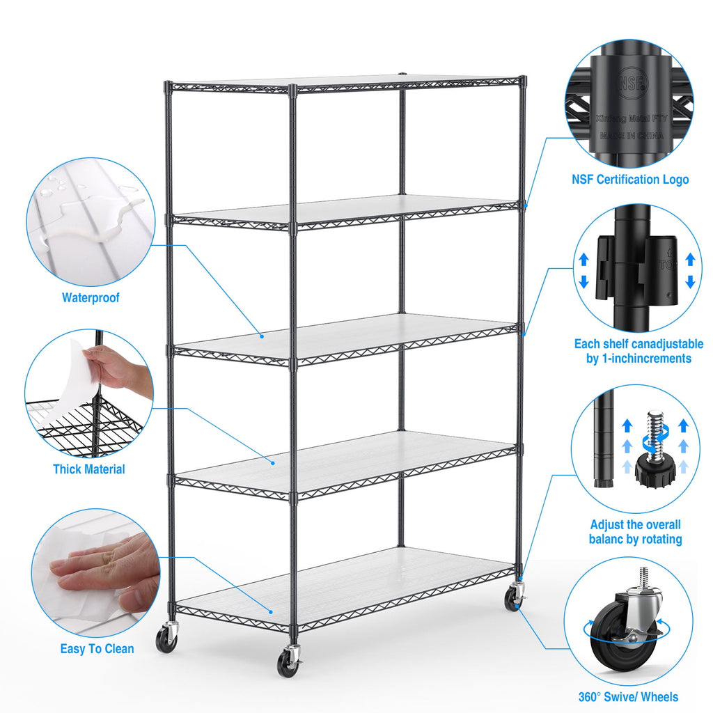 COOKCOK 5-Tier Wire Shelving Unit, Height Adjustable Metal Storage Shelf, 48" x 24" x 82" Garage Storage Shelves with Wheels, 600lbs Capacity, Heavy Duty Wire Rack with PE Mat, NSF Certified, Black