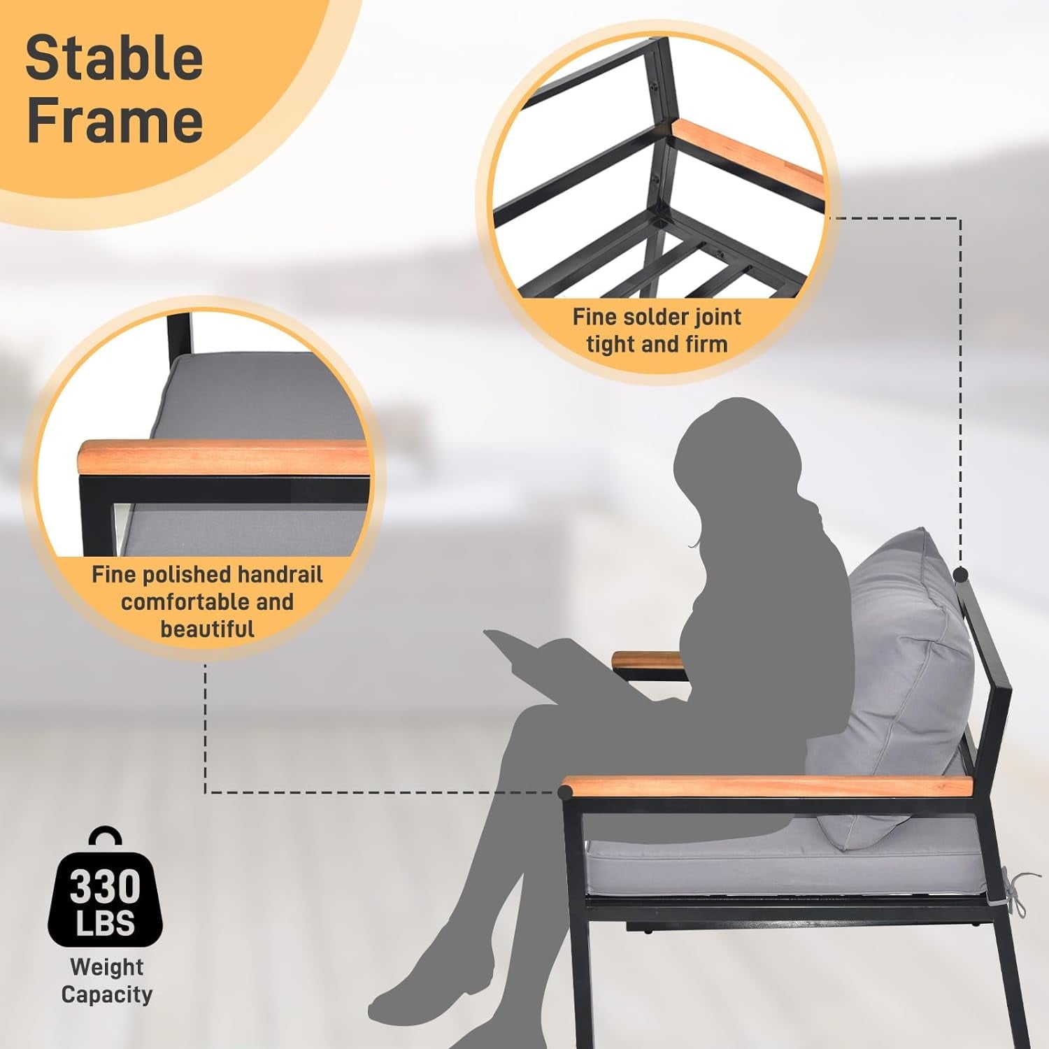 COOKCOK Patio Furniture Set, 4 Pieces with Table Set, High-Resiliency Sponge Cushions, Sets with Washable, Gray