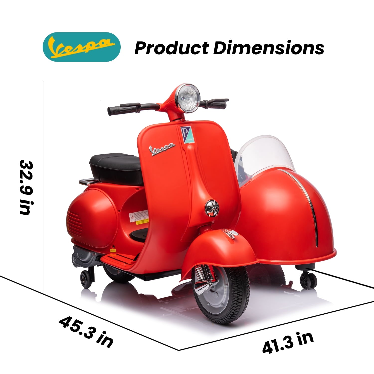 Track Seven 2-Seater Ride on Motorcycle, 12V Licensed Vespa Ride on Motorcycle wth Side Car, 2-Seater Ride on Car, Music, Max Speed 4.8mph, Red