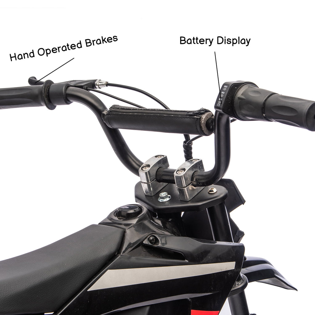 Track Seven 24V Electric Dirt Bike, 250W Ride on Motorcycle, 3 Speed Up-to 9.32 mph, Battery Display, Rear Suspension, Disc Brake, Bluetooth, LED Light, Electric Motocross Bike for Kids Age 8+, Black