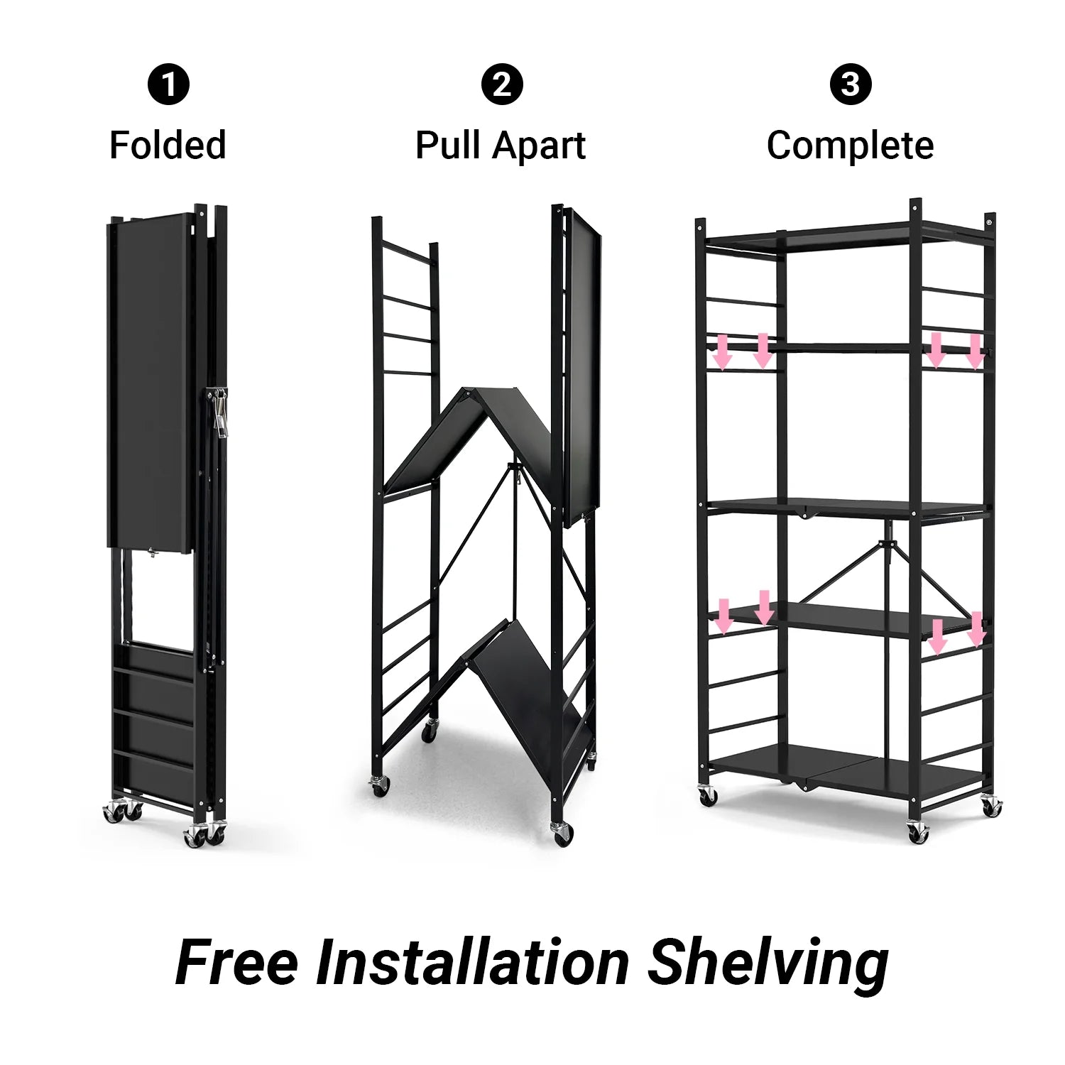 COOKCOK 5-Tier Storage Shelving Unit, Metal Shelf, Adjutable Height, Foldable Storage Shelf with Wheels, Garage Shelf, Kitchen Shelf, Side Protective, 550lbs Capacity, Black