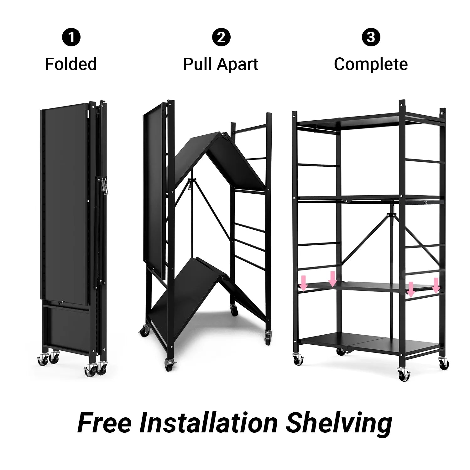 COOKCOK 4-Tier Storage Shelving Unit, Metal Shelf, Adjutable Height, Foldable Storage Shelf with Wheels, Garage Shelf, Kitchen Shelf, Side Protective, 400lbs Capacity, Black