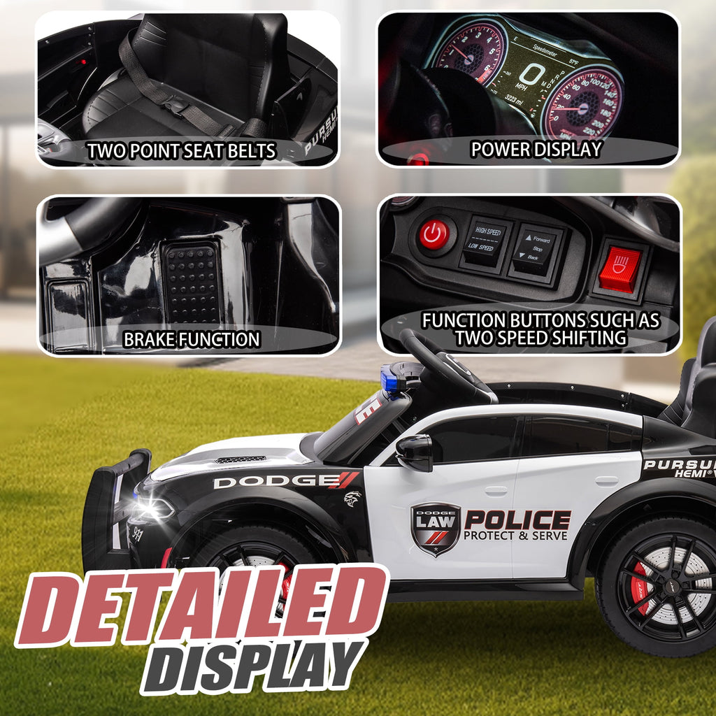 Track 7 Licensed Dodge Charger SRT Ride on Car, 12V Kids Ride on Police Car with Remote Control, Music, Alarm Lights, Megaphone, Electric Car for Kids Age 3+, White