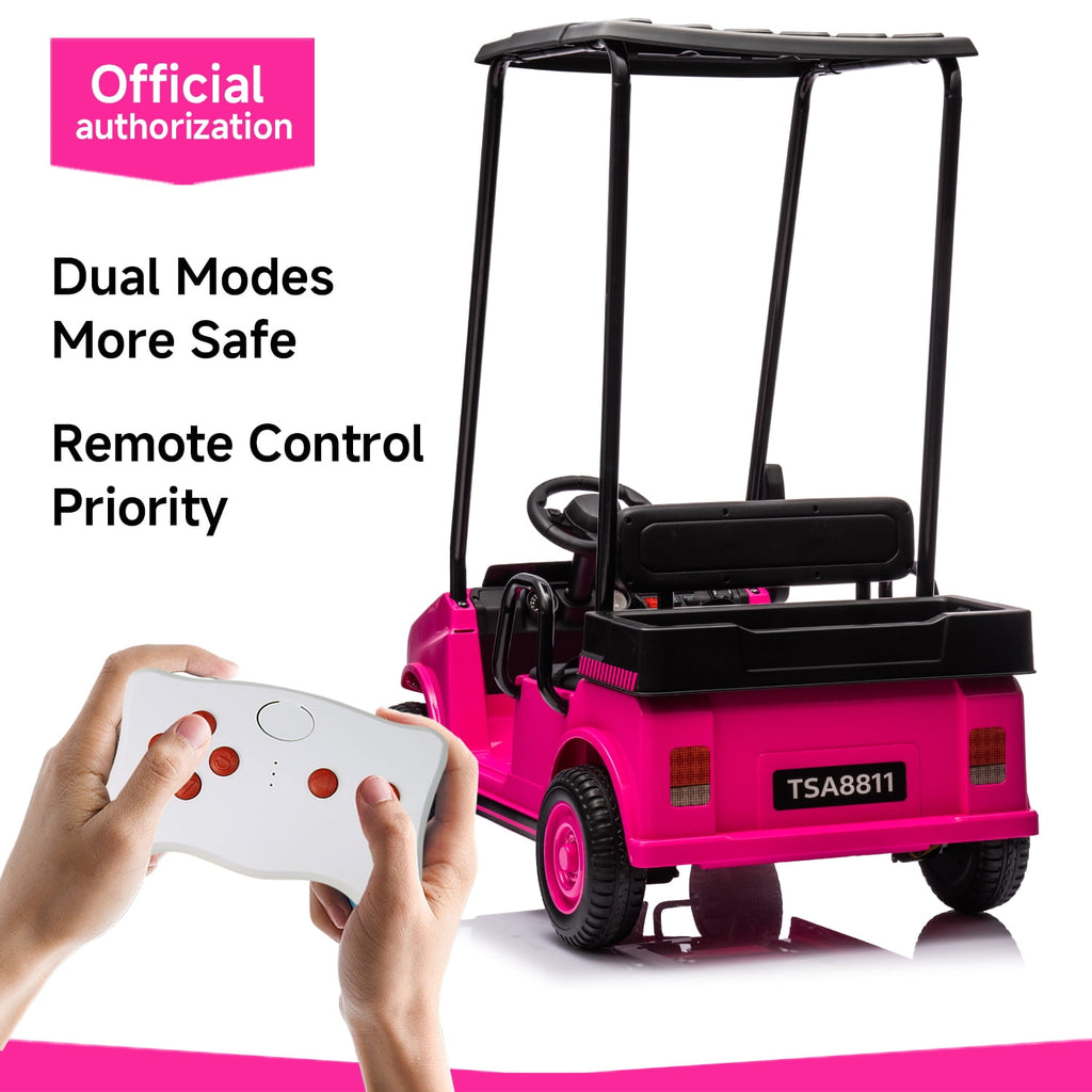 Track 7 24V Ride on Car, Electric Golf Cart with Ceiling, Ride on Truck with Remote Control, Music, Rear Storage Box, Electric Car for Boys Girls Age 3+, 18.5" Large Seat with Armrests, Pink