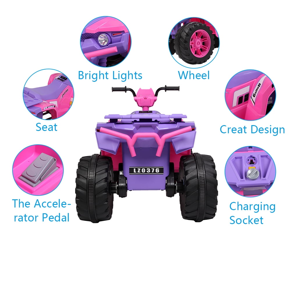 Track 7 12V All Terrain Vehicle, Dual Drive, 2 speed adjustable, with MP3 player, radio, USB port, Slow Start, Pink & Purple