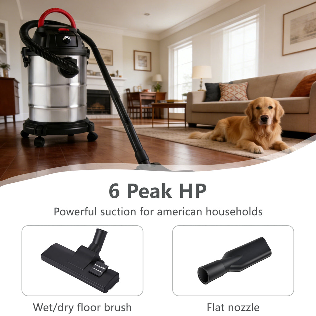 COOKCOK 8 Gallon Wet/Dry Shop Vacuum, 6 Peak HP Stainless Steel Professional Vacuum Cleaner with Blower Function, 3-in-1 Heavy Duty Shop Vac for Home, Garage, Workshop and Jobsite