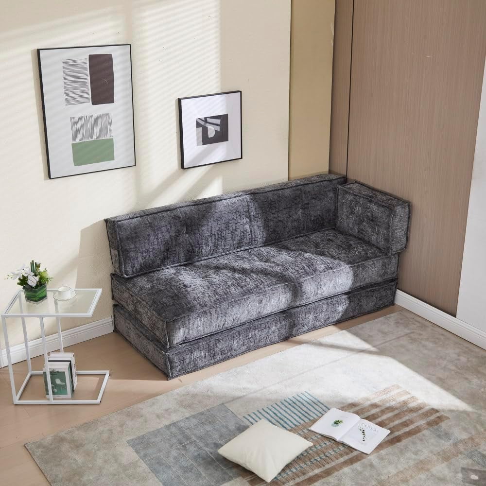 BISHE 78" Modular Sectional Sofa Bed, Chenille Fabric L-Shaped Cloud Couch with Storage Pockets, No Assembly Required, Space-Saving Convertible Sleeper for Living Room, Apartment, Office, Grey