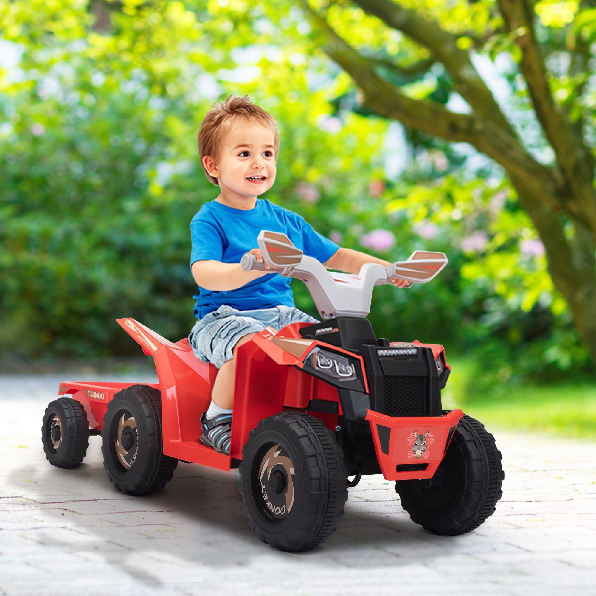Track 7 Kids Ride on ATV with Trailer, 4 Wheeler Electric Quad Vehicle, Ride on Car with Music, Horn, Power Display, Kids Electric ATV, Red