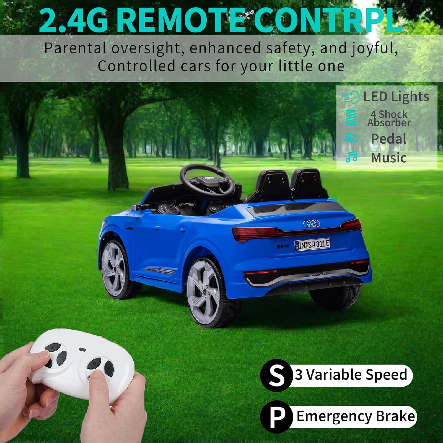 SUSIELADY 12V Licensed Audi SQ8, Kids Ride on Car, with Remote Control, Music, Hanging Start, Speed Adjustment, LED Lights, Suspension, Power Display, for Kids Age 3+