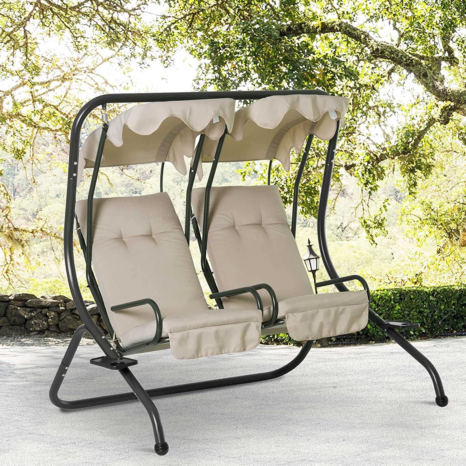 COOKCOK  2-Seat Porch Swing with Stand, Outdoor Swing Glider with Removable Canopy and Cup Holders for Porch, Garden, Backyard, 480 lbs Capacity, Beige