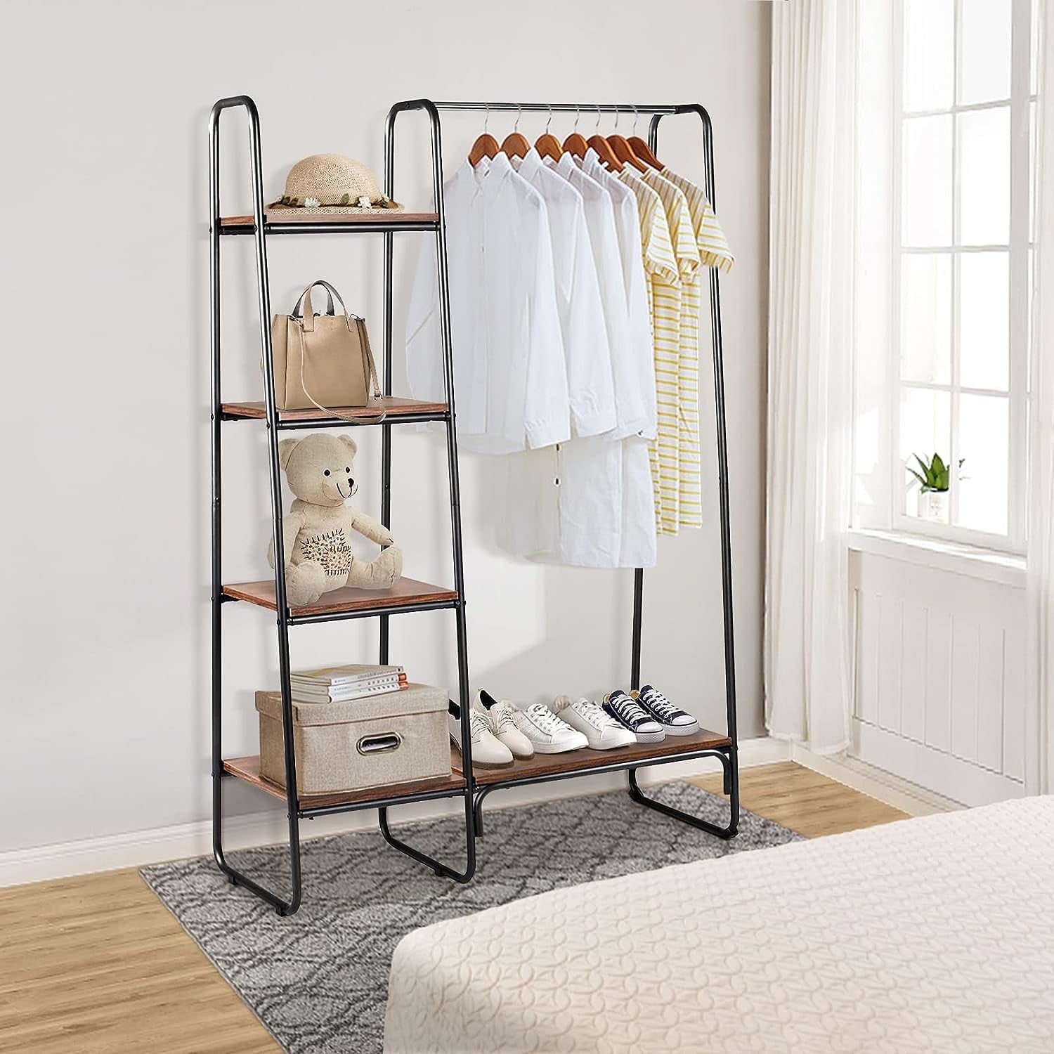 COOKCOK Clothing Rack Garment Rack with Shelves Wardrobe Rack Freestanding Closet Racks with Metal Hanger Rod and 4-Tier Wood Shelves Heavy Duty Clothes Rack for Bedroom Living Room Entryway, Brown