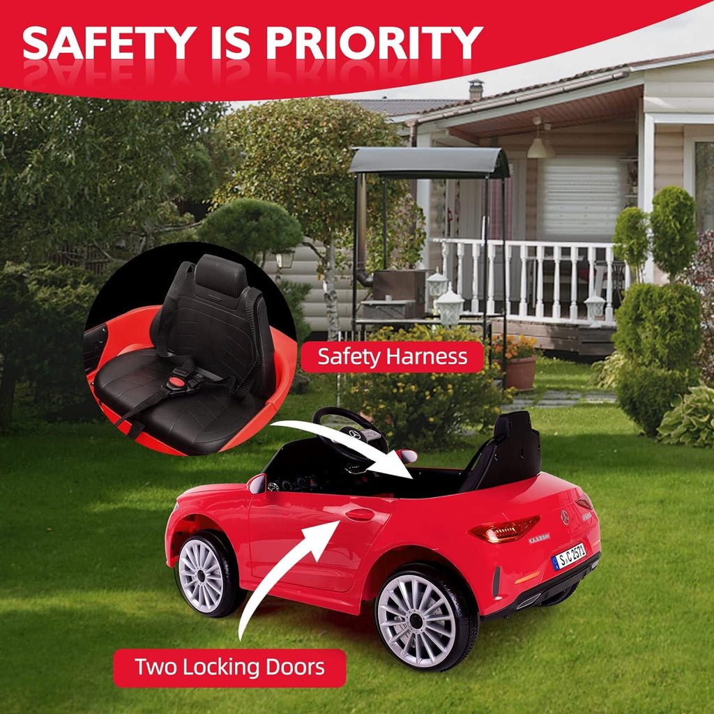 Track 7 12V Ride on Car, Licensed Mercedes-Benz CLS 350 Electric Car for Kids, Ride on Car with Remote Control, Music, Power Display, LED Lights, MP3, Kids Car for Age 3+, Red