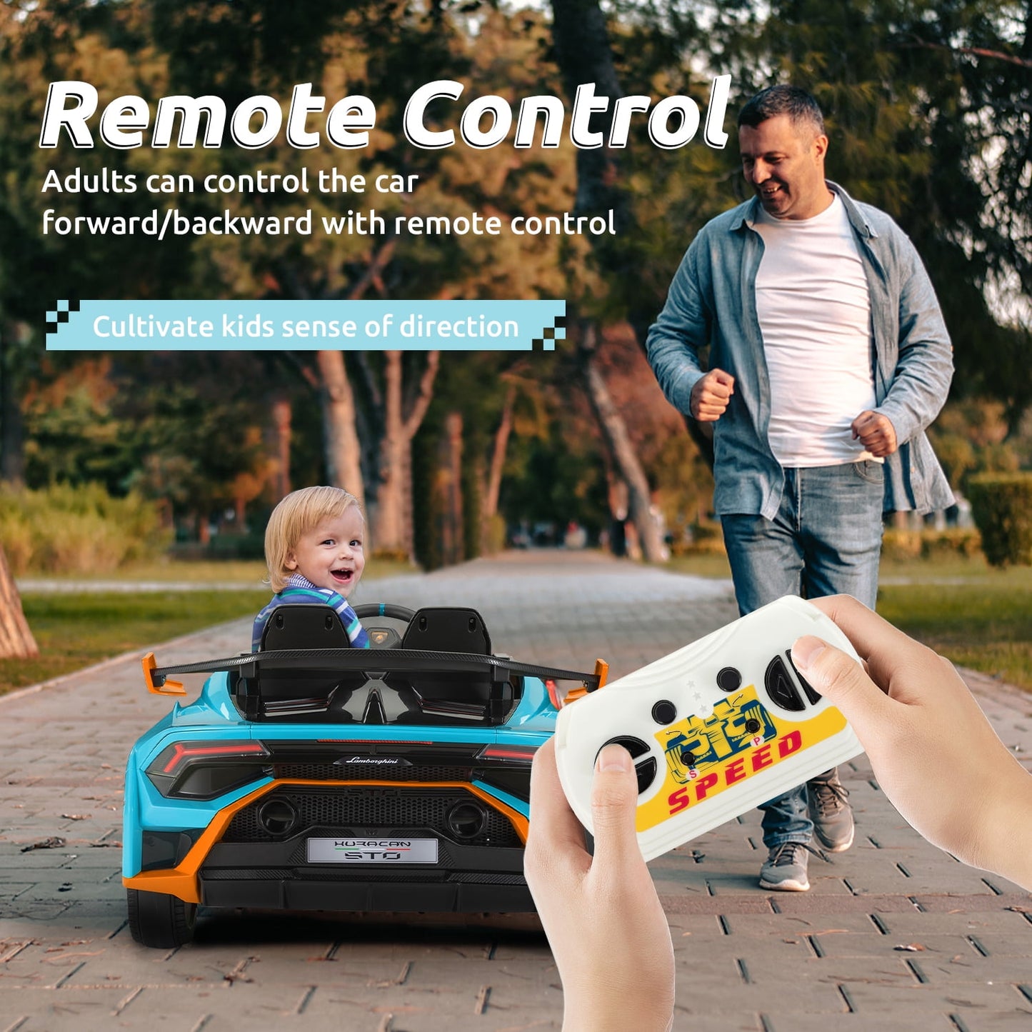 Track 7 12V Kids Ride on Car, Licensed Lamborghini STO Electric Car for Kids Age 3+, Remote Control, Music, Motorized Drift Electric Vehicle, Max Speed 5mph, Blue