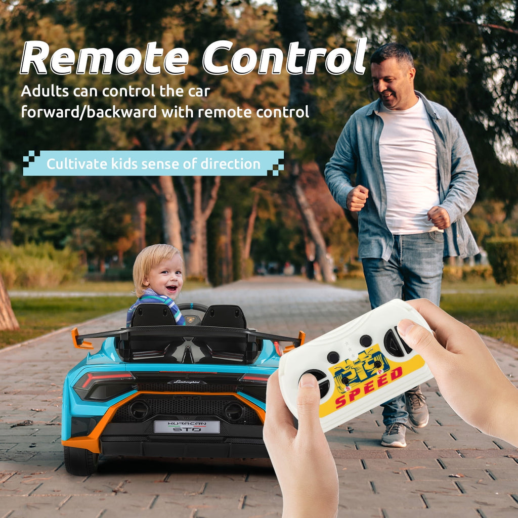 Track 7 12V Kids Ride on Car, Licensed Lamborghini STO Electric Car for Kids Age 3+, Remote Control, Music, Motorized Drift Electric Vehicle, Max Speed 5mph, Blue