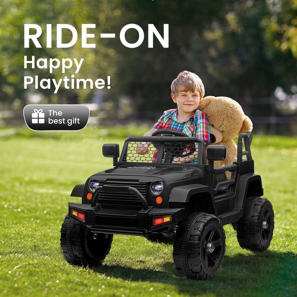Track Seven Kids Ride on Truck, 12V Electric Car for Boys Girls Age 3+, Music, Ride on Car with Remote Control, Black