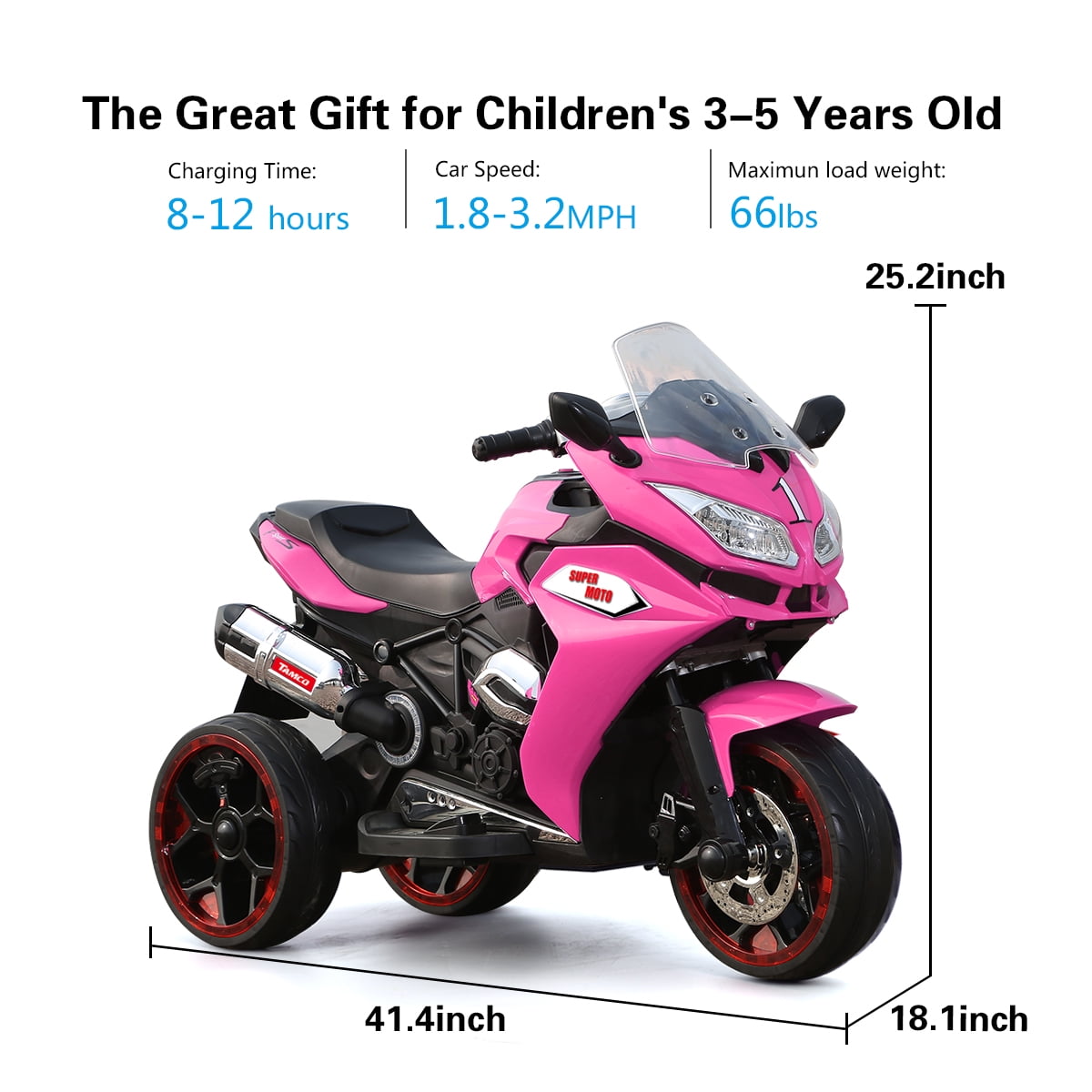 Track 7 12V Kids Ride on Motorcycle, 3 Wheels Electric Trike Motorcycle for Boys and Girls, Light Wheels, Music, Headlights, Pink