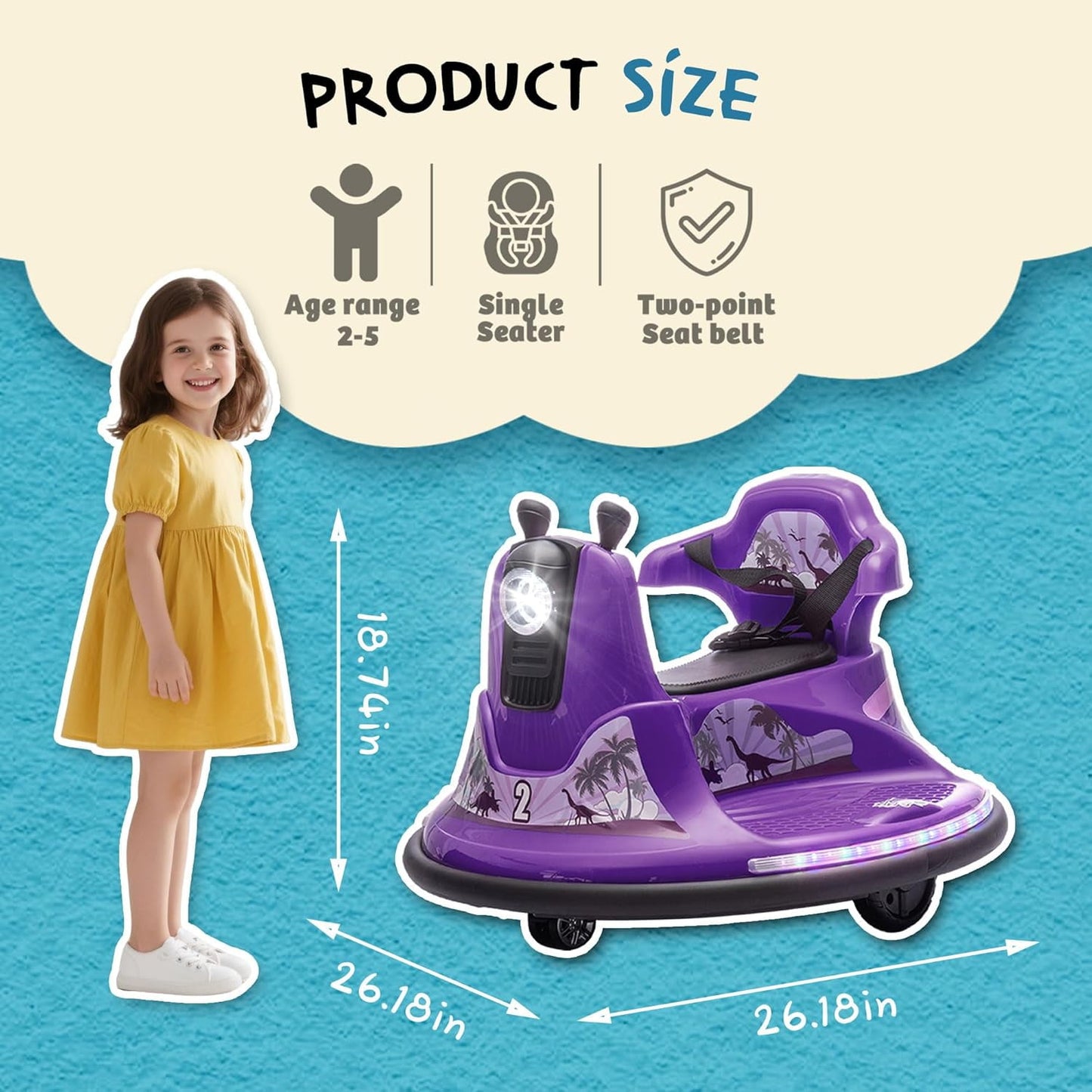 Track Seven 12V Ride On Bumper Car, 360° Spin, Remote Control, Dual Steering Handles, Kids Bumper Car with LED Lights, Music, Joysticks, Electric Car for Toddlers Boys Girls Ages 2-5, Purple
