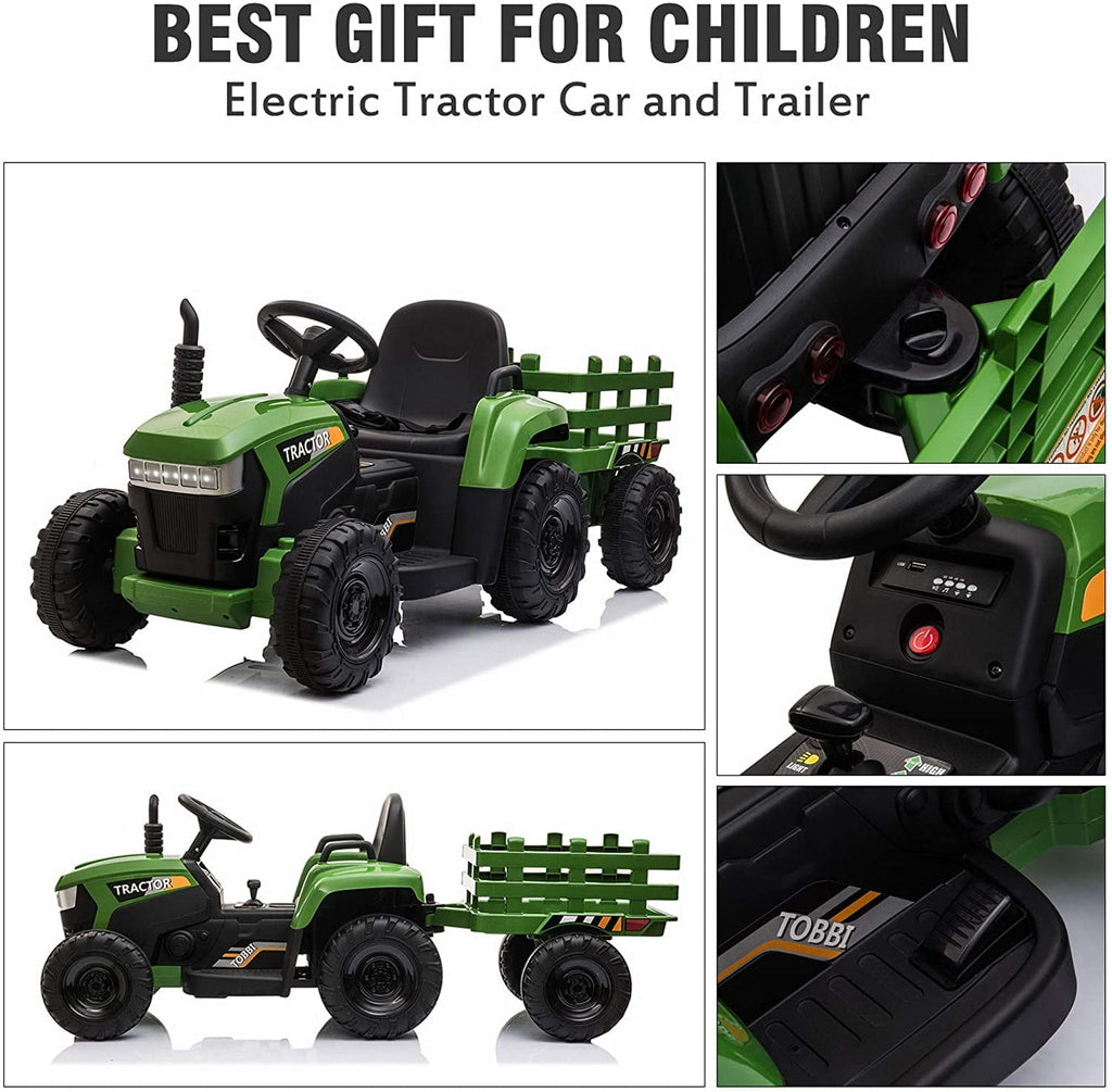 LISUEYNE 12V Ride on Tractor with Trailer,  Electric Car with Music, USB, LED Lights, Ride on Car for Kids Age 3-6 Years, Max Speed 5mph, Dark Green