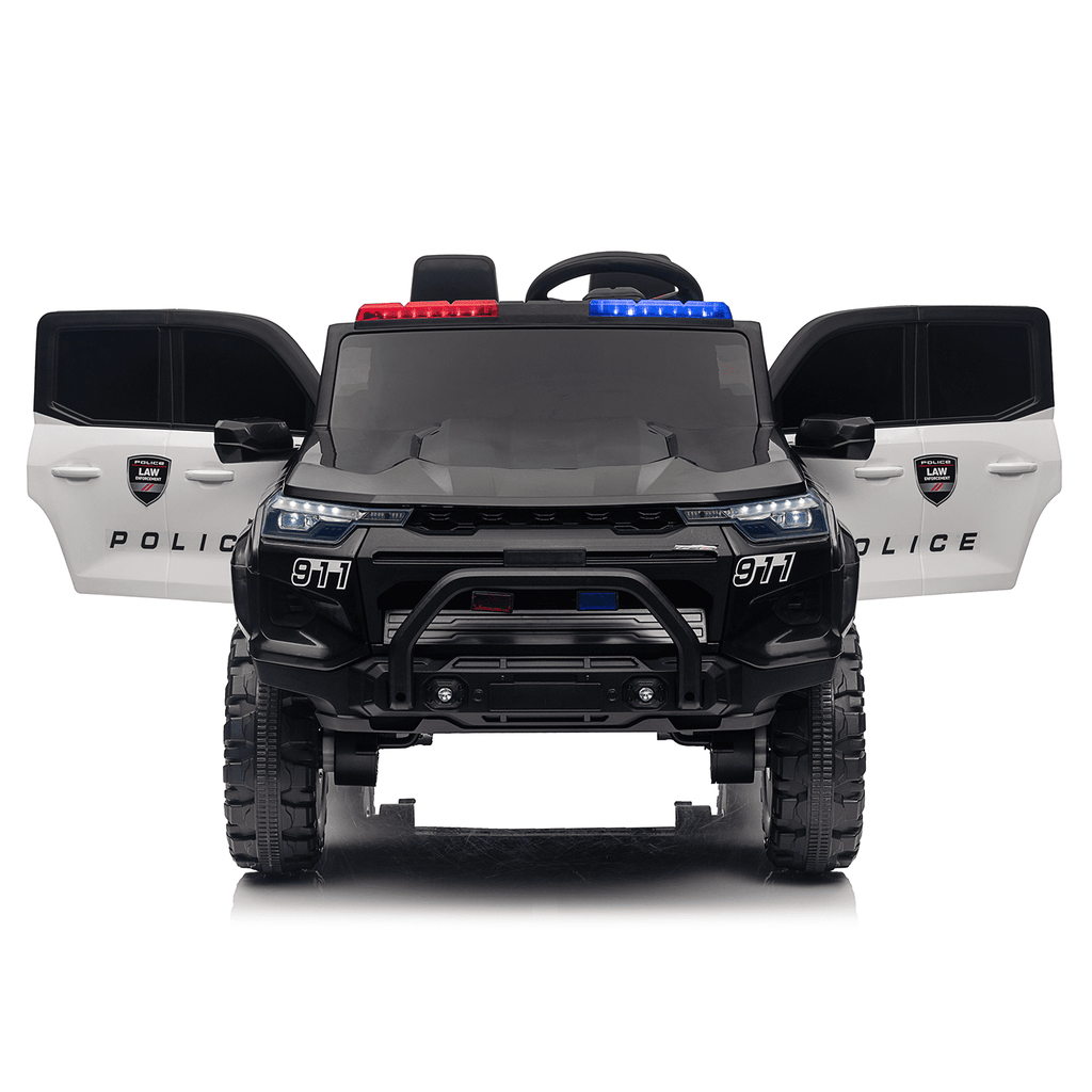 Track 7 24V 2-Seats Police Car for kid 3+, 3 speed adjustable, 2-Point Safety Belt, with Remote Control, Flashing Lights, Music, Spring Suspension, Black