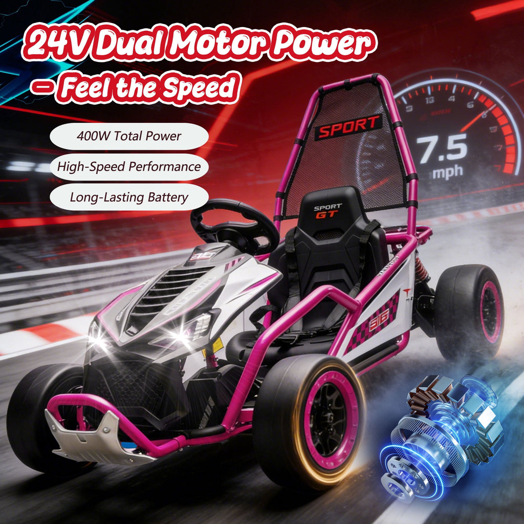 Track Seven 24V Electric Go Kart for Kids, Drift Crazy Cart with 400W Motors, Max 7 Mph, Protective Roll Cage, Metal Frame, 5-Point Harness, Bluetooth, 24V Ride on Toy Car Kart for Kids Aged 6+, Pink