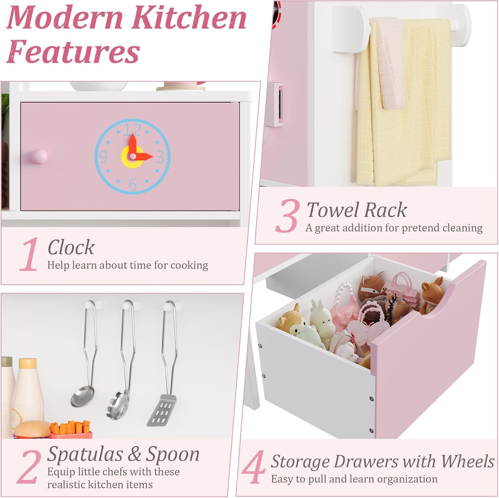 Track Seven Wooden Play Kitchen for Kids and Toddler, Toy Kitchen Playset with Plenty of Pretend Play Features and Storage Drawers, Gift for Boys and Girls, Pink