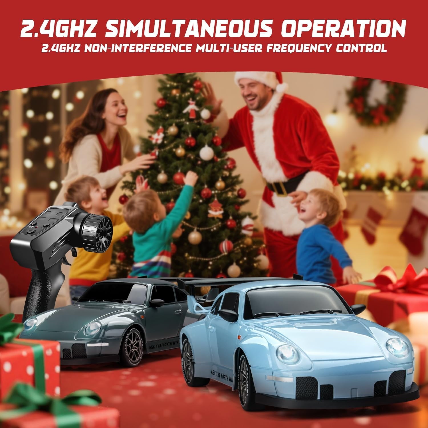 Track Seven RC Drift Car, 1:24 Scale Remote Control Vehicle with LED Lights, 2.4GHz 20KM/H 4WD High Speed RC Cars, Drifting Tires＆Two Batteries, Racing Sports Toy Idea Gift for Adults Boys Girls