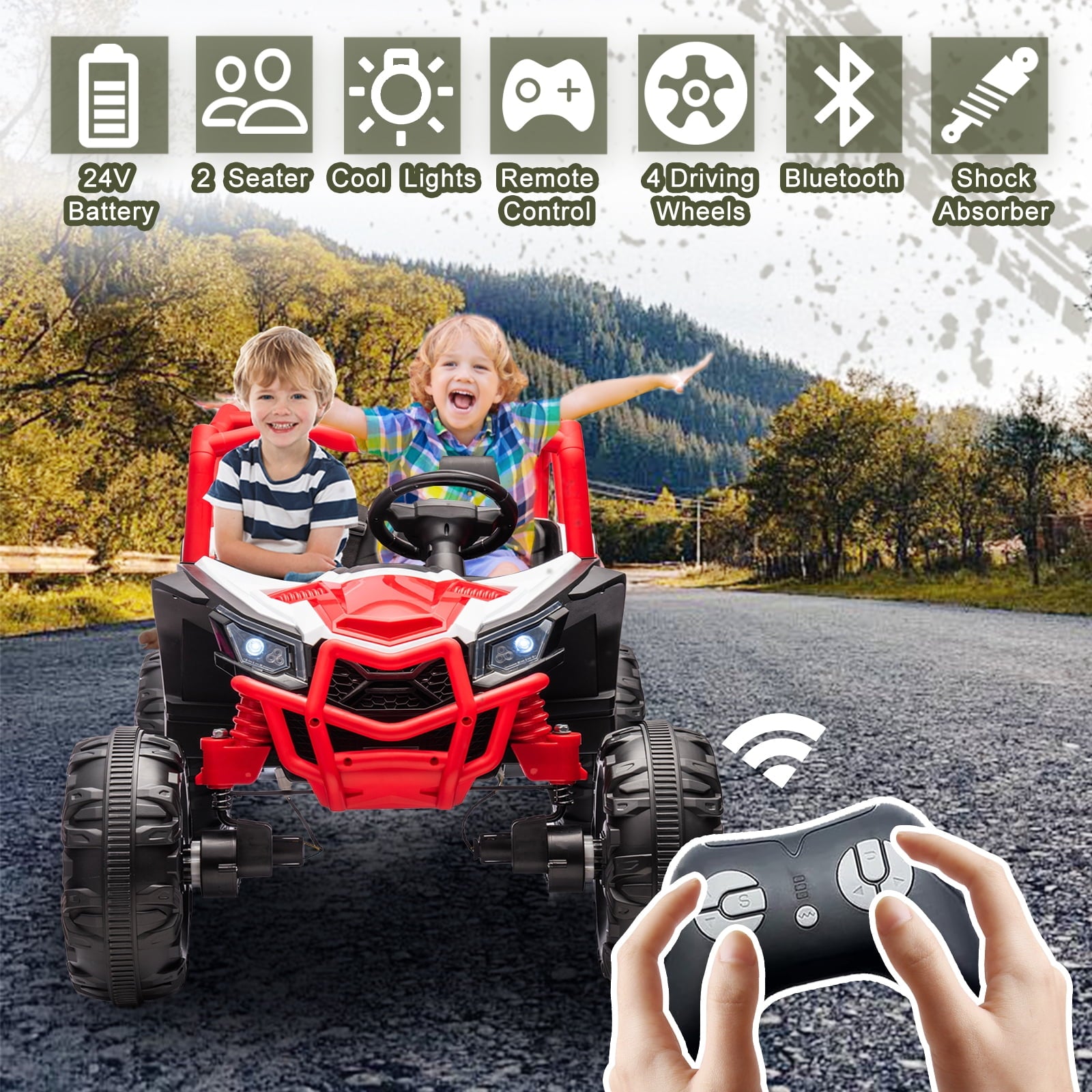 Track 7 24V Ride on UTV, 2-Seater Ride on Car with Remote Control, Music, 2 Speed, Key Start, 4x4 Ride on Off-Road Truck, Blue
