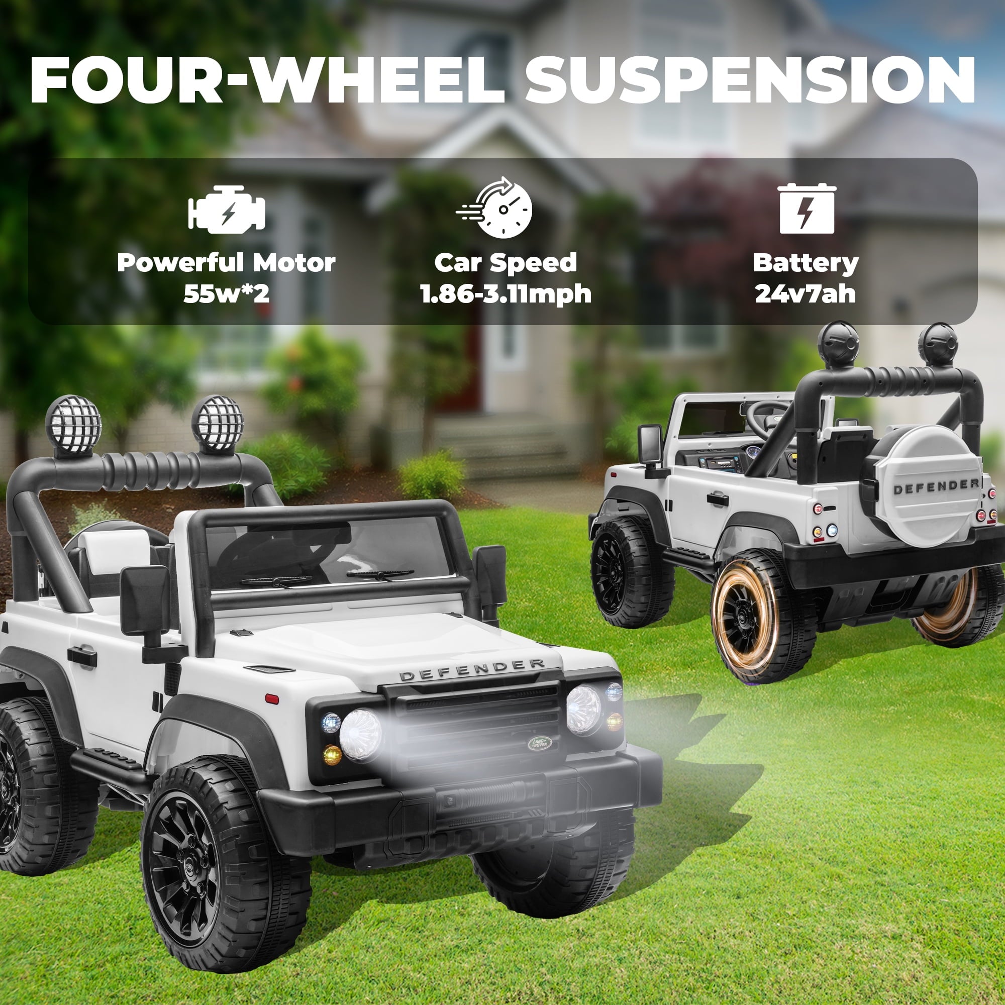 Track Seven Licensed Land Rover Defender Volta 5008 24V Ride-On Car, Electric Car with Remote Control, 2WD Drive, Bluetooth, LED Lights, Key Start, Rear Storage, 24V Ride on Toys for kids Ages 3+, White