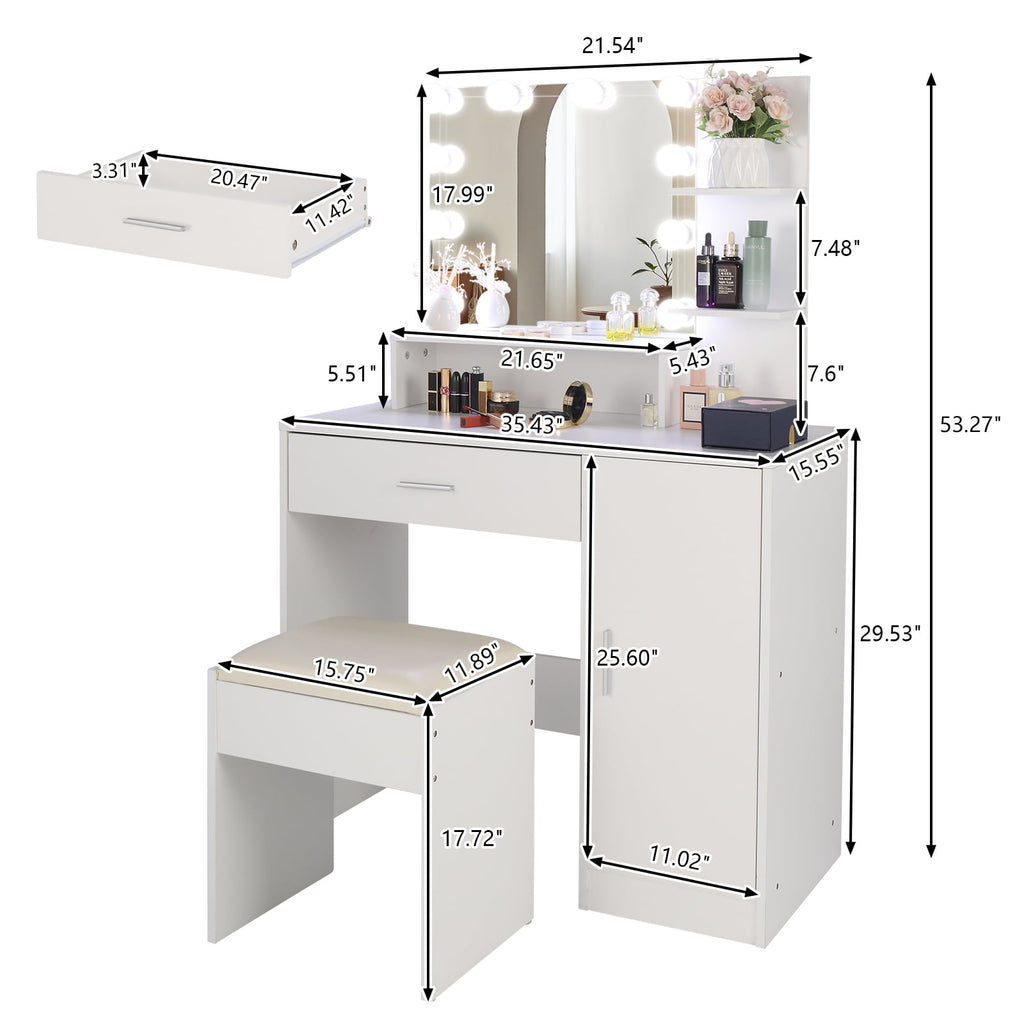 COOKCOK Vanity Set with Lighted Mirror, 10 LED Bulbs Vanity Dressing Table with 3 Storage Shelves 1 Drawer 1 Cabinet, Makeup Table with Cushioned Stool, White