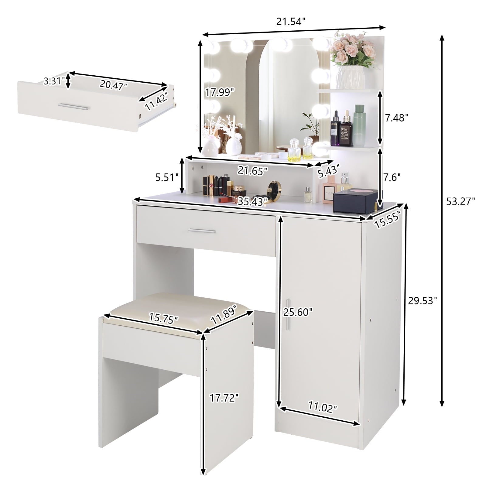 COOKCOK Vanity Set with Lighted Mirror, 10 LED Bulbs Vanity Dressing Table with 3 Storage Shelves 1 Drawer 1 Cabinet, Makeup Table with Cushioned Stool, White