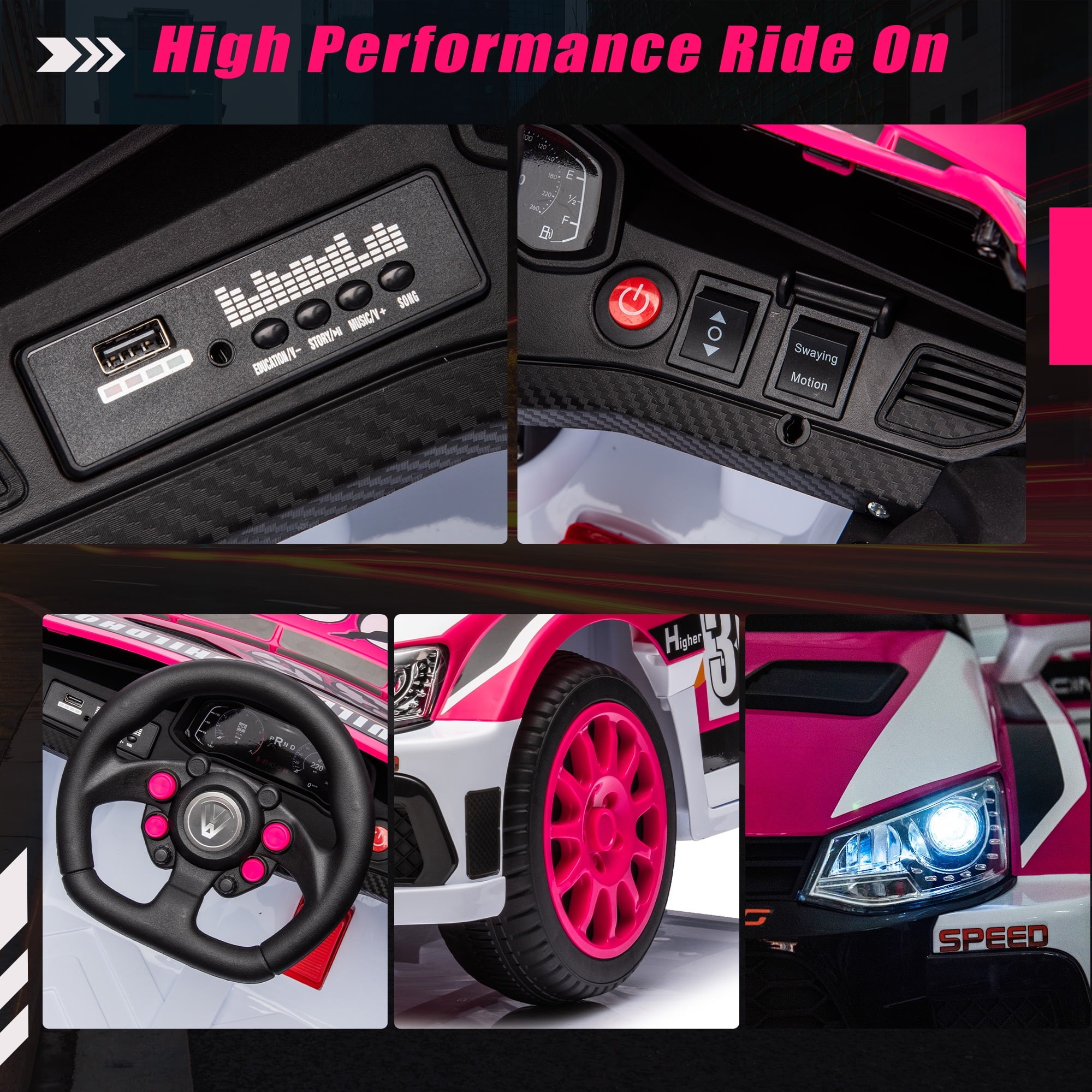 Track 7 Kids Ride on Car, 12V Electric Sports Car with Remote Control, Bluetooth, Front Light, Electric Buggies for Boys Girls Age 3+, Pink
