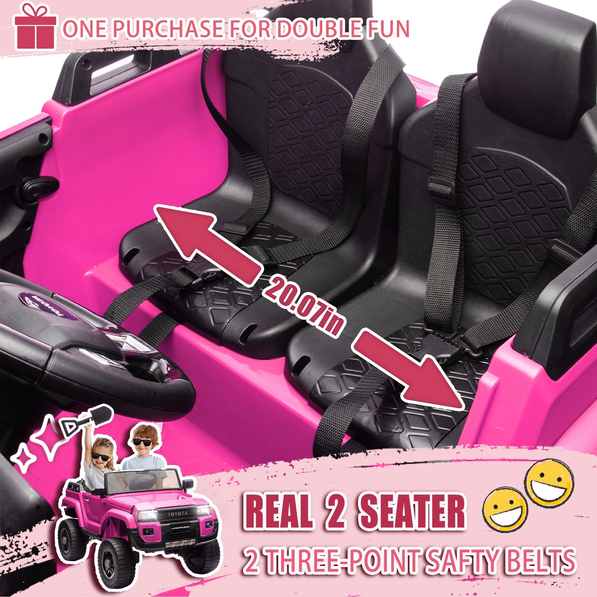 Track 7 24V 2-Seater Ride on Car, Licensed Toyota LC 250 Electric Car with Remote Control, Music, Bluetooth, Front Storage Space, Shovel, Electric Ride on Truck for Boys Girls Age 3+, Pink