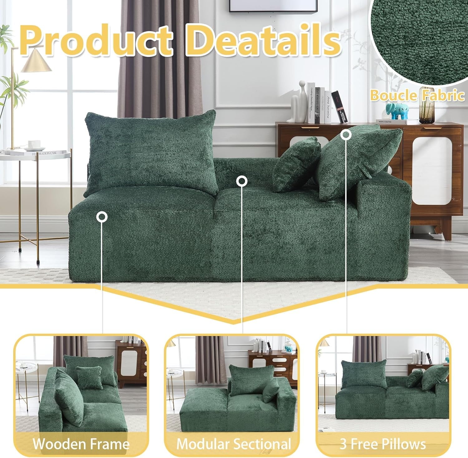 BISHE 67.72"-R Modular Sectional Sofa Couch, L-Shaped Chenille Fabric Cloud Couch with Chaise, Modern Deep Seat Sofa, No Assembly Required, Includes Pillows for Living Room, Emerald