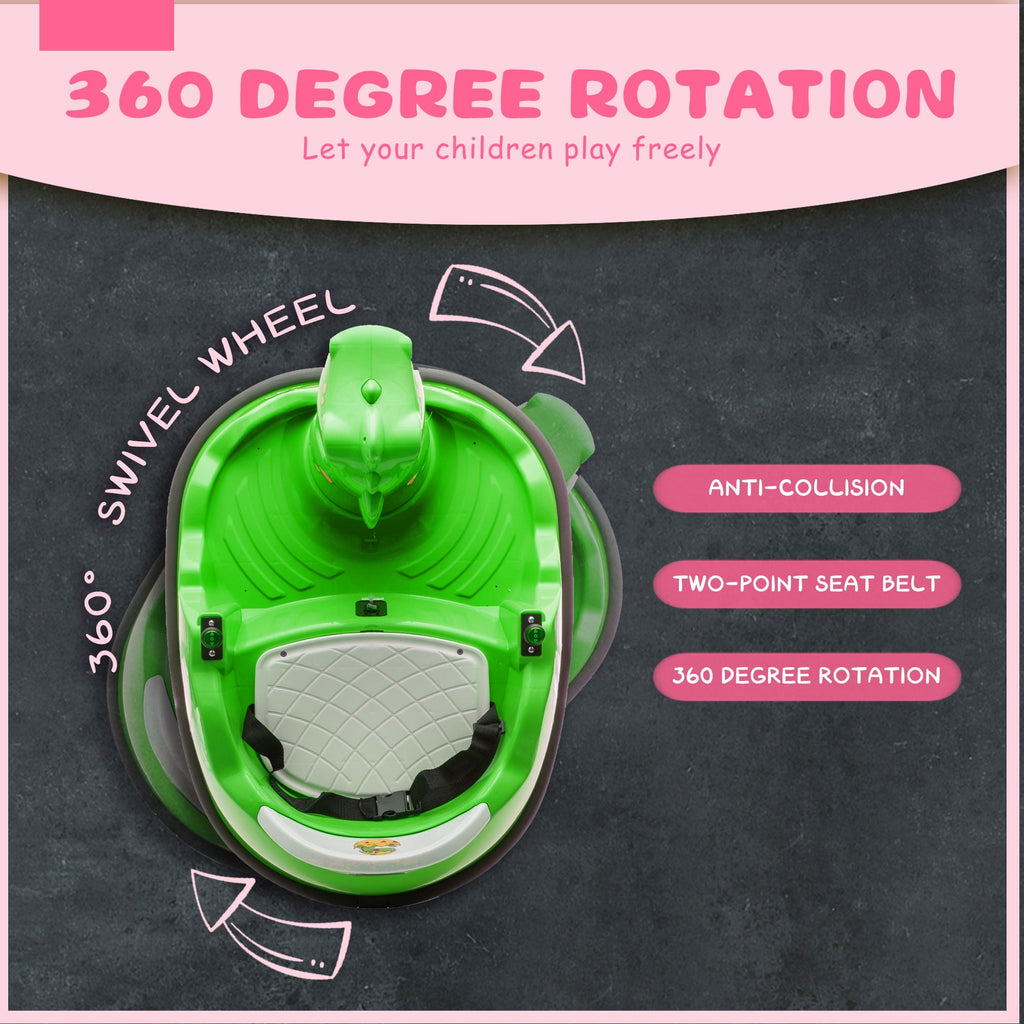Track Seven 12V Electric Dinosaur Bumper Car for Kids, Spray Light, 360 Degree Rotation, Music, Large Size Seat Ride on Toy with Remote Control for Toddlers 2-5 Years, Green